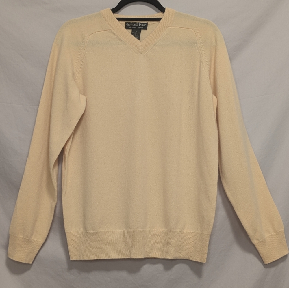 Grayson & Dunn Men's Cream 2 Ply Cashmere V-Neck Sweater